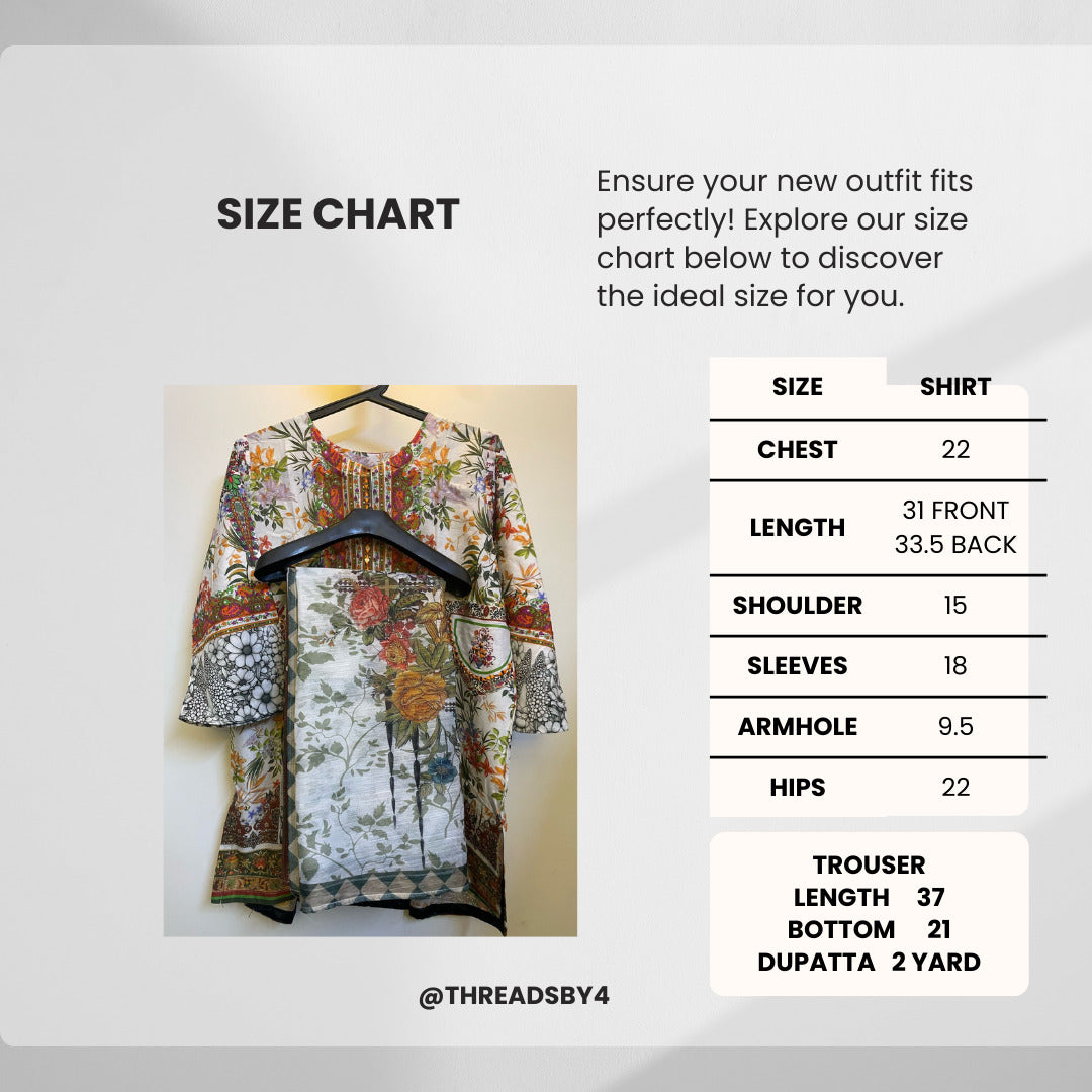 3 Piece Stitched Multicolor Floral Fusion Dress With Mirror Embroidered Pockets