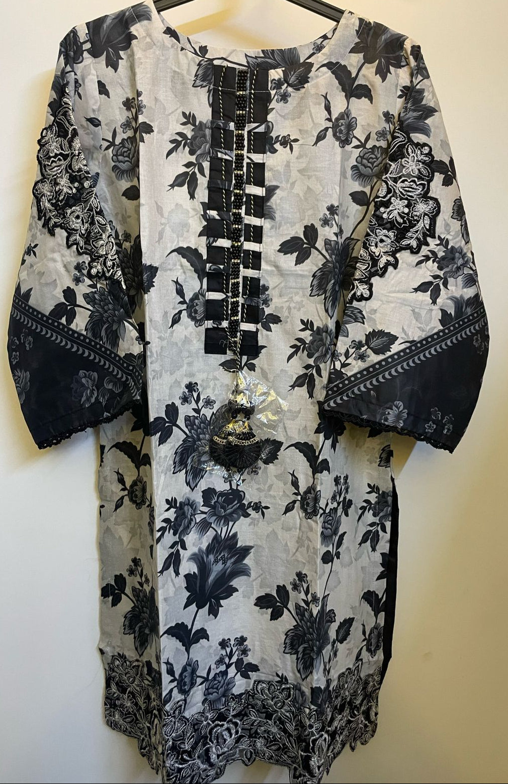 Elegant Black & Grey 3-Piece Suit with Cutwork Embroidery & Tassel Gala Patti
