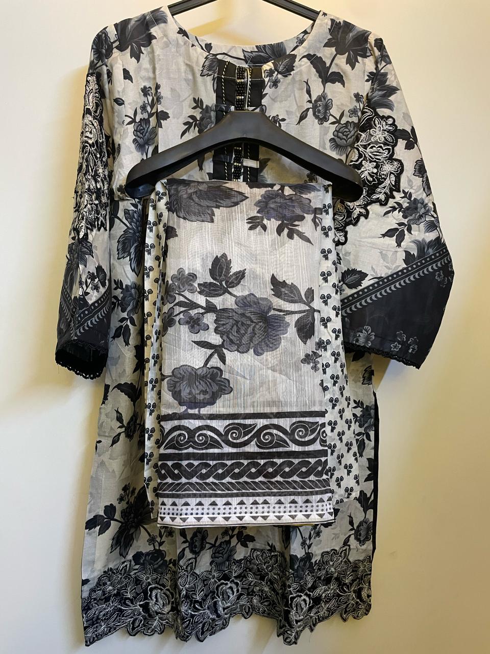 Elegant Black & Grey 3-Piece Suit with Cutwork Embroidery & Tassel Gala Patti
