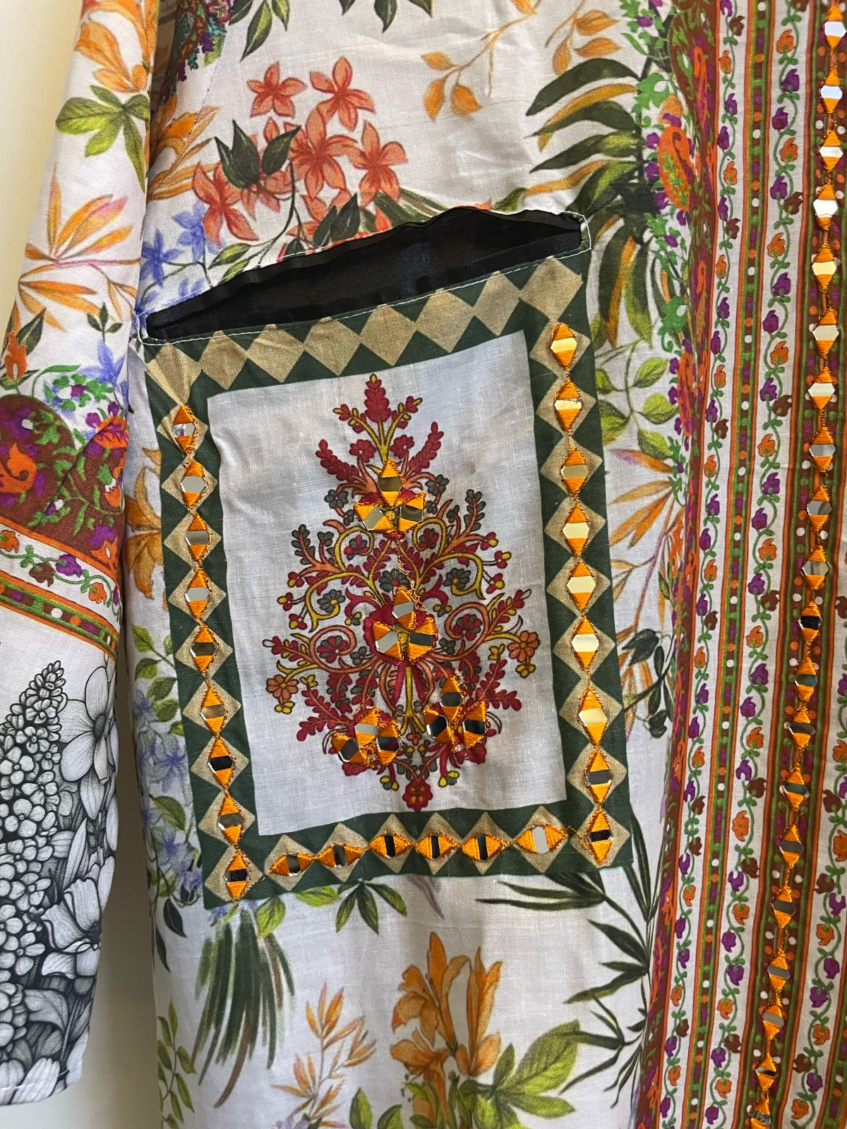 3 Piece Stitched Multicolor Floral Fusion Dress With Mirror Embroidered Pockets
