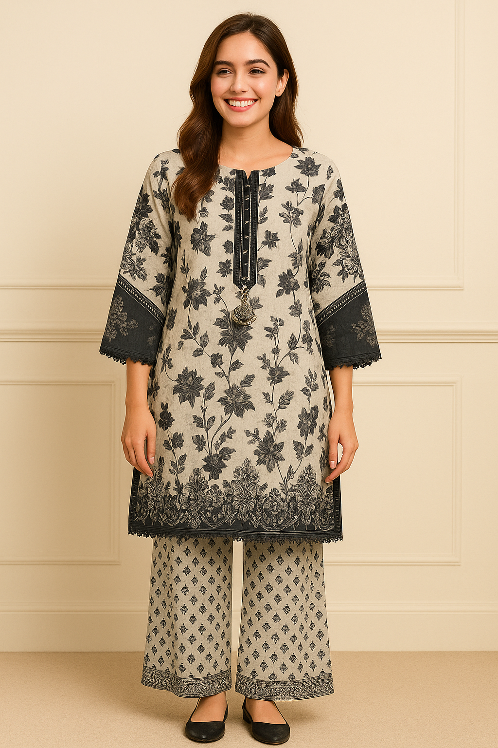 Elegant Black & Grey 3-Piece Suit with Cutwork Embroidery & Tassel Gala Patti