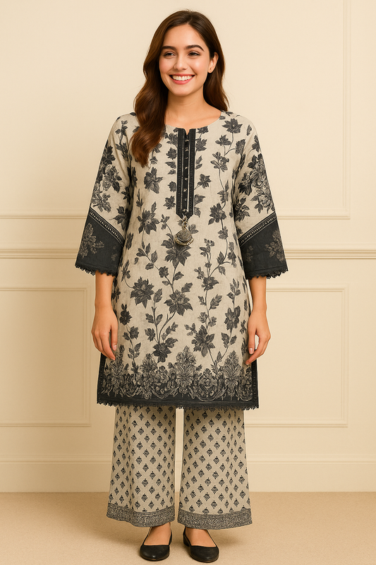 Elegant Black & Grey 3-Piece Suit with Cutwork Embroidery & Tassel Gala Patti