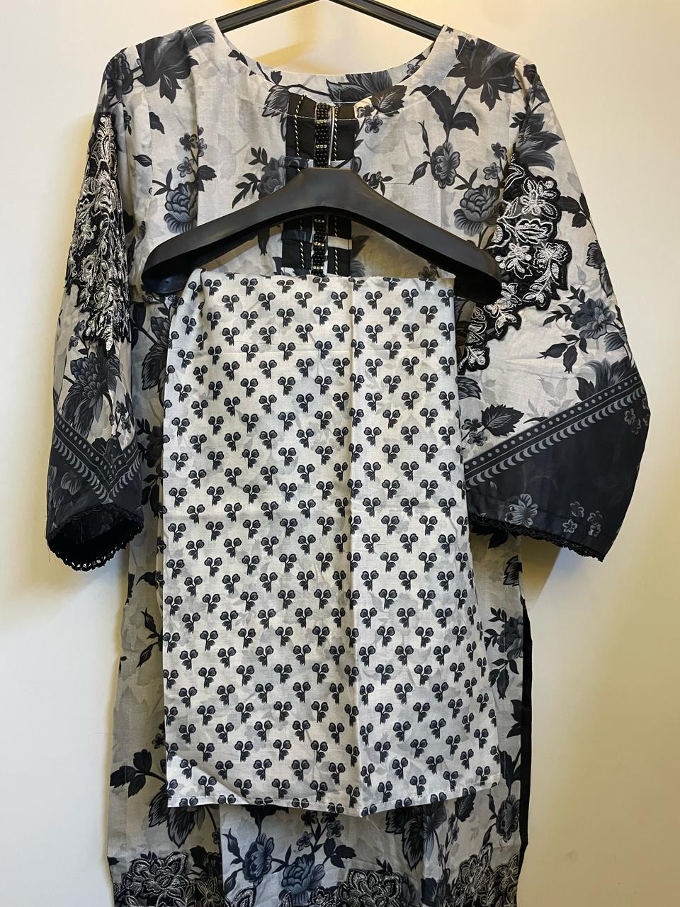 Elegant Black & Grey 3-Piece Suit with Cutwork Embroidery & Tassel Gala Patti