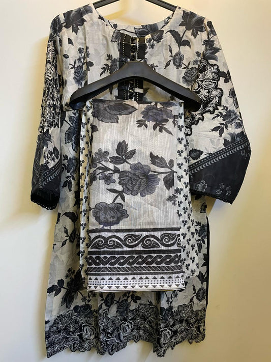 Elegant Black & Grey 3-Piece Suit with Cutwork Embroidery & Tassel Gala Patti