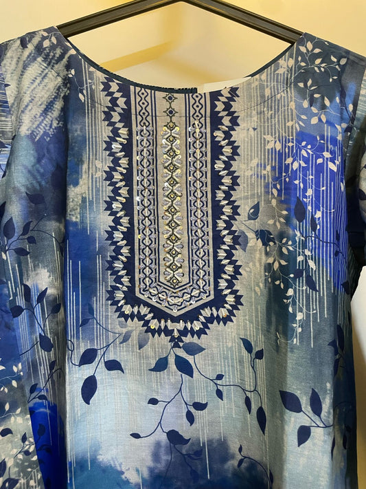 3 Piece Stitched Elegant Blue Impression Dress"