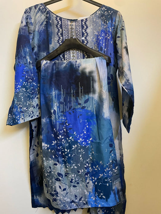 3 Piece Stitched Elegant Blue Impression Dress"