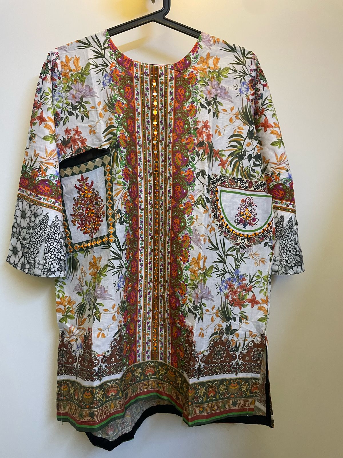 3 Piece Stitched Multicolor Floral Fusion Dress With Mirror Embroidered Pockets