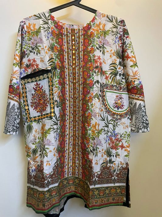 3 Piece Stitched Multicolor Floral Fusion Dress With Mirror Embroidered Pockets