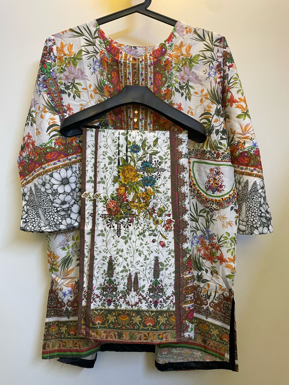 3 Piece Stitched Multicolor Floral Fusion Dress With Mirror Embroidered Pockets