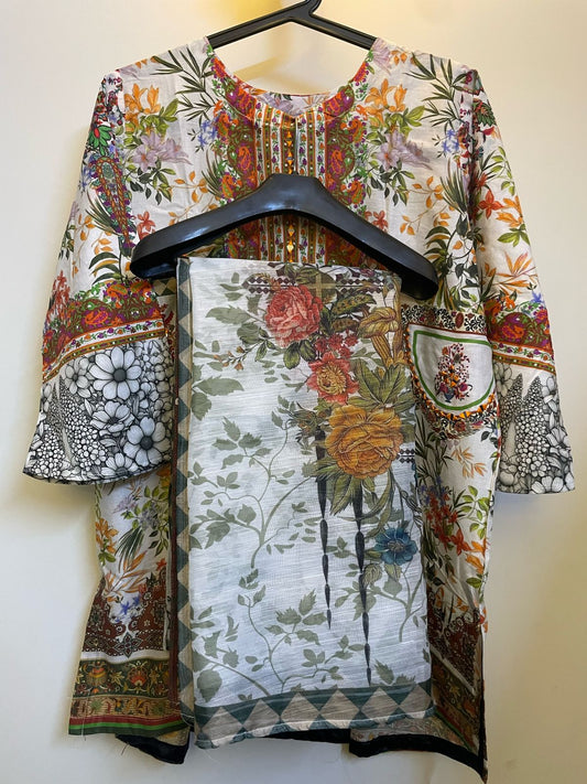 3 Piece Stitched Multicolor Floral Fusion Dress With Mirror Embroidered Pockets
