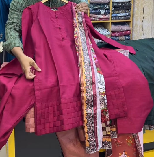 Dusky Rose Silk Suit with Farshi Shalwar & Shamoos Silk Floral Dupatta