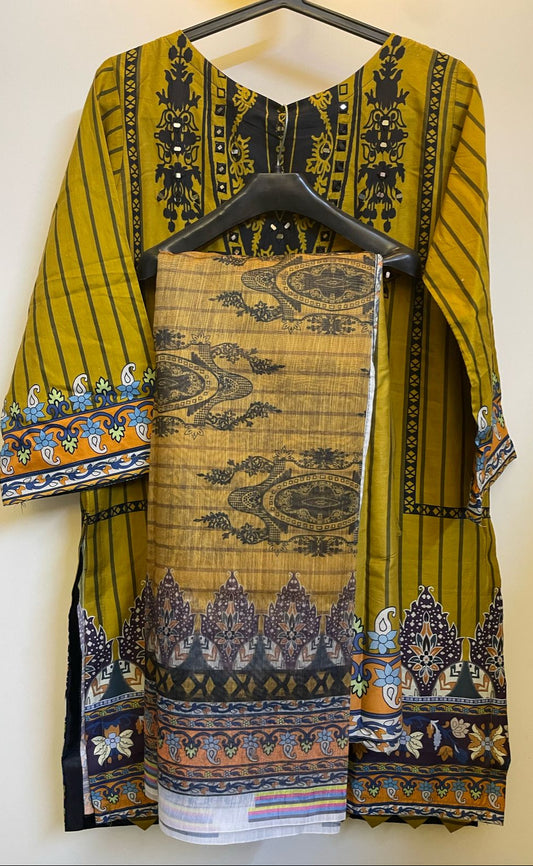 Mustard Mirage – Stitched 3-Piece Lawn with Mirror Embroidery